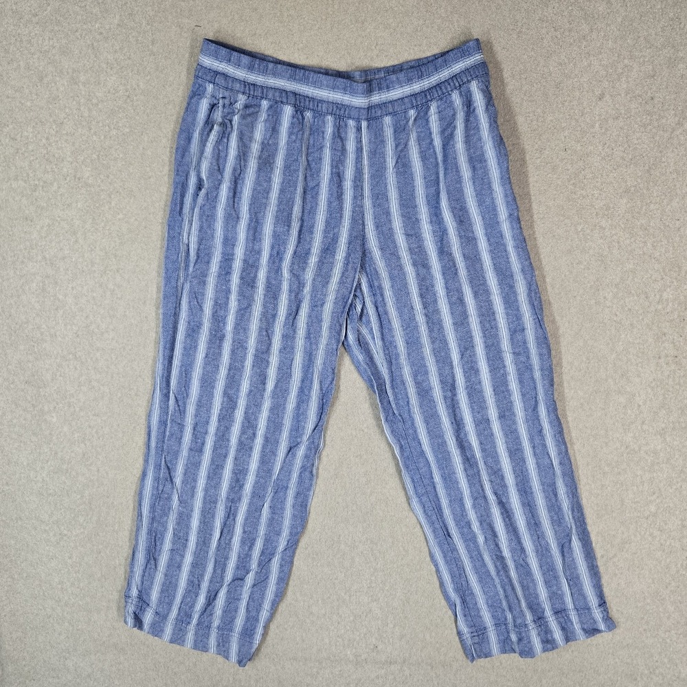 Old Navy Women Pants L Blue Striped Wide Leg Linen Blend High Rise 26" Inseam